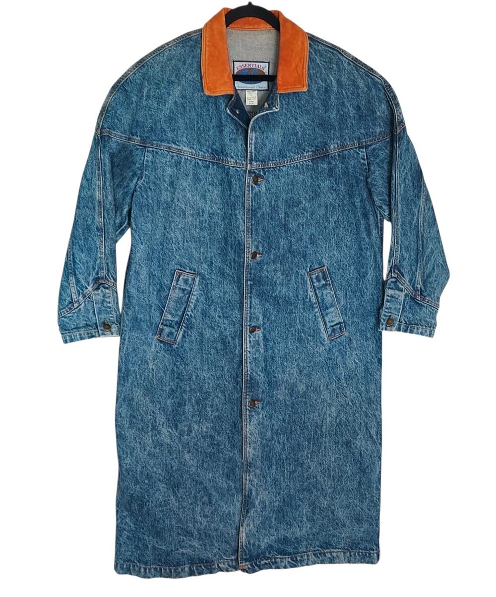 Essentials Vintage Women's Full Length Denim Duster Trench Coat Barn Jacket Sz L